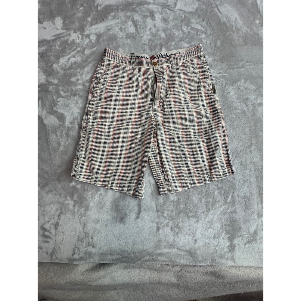 Tommy Bahama‎ Paradise Mens 30 Plaid Shorts Brown Tan Cotton Flat Front 9 Inseam